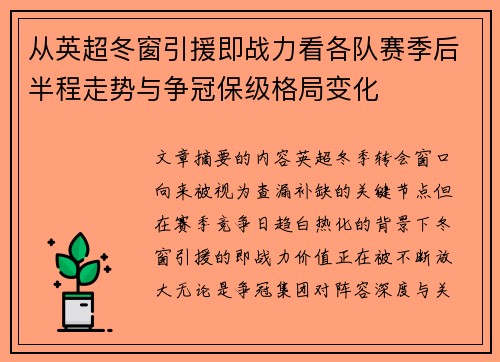 从英超冬窗引援即战力看各队赛季后半程走势与争冠保级格局变化